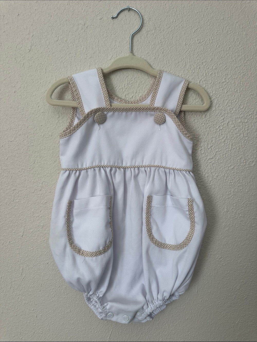 Shrimp & Grits White Bubble Romper with Tan Gingham Trim